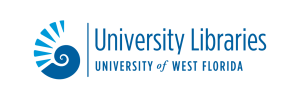 Blue text on white background "University Libraries University of West Florida" with a stylized blue spiral shell