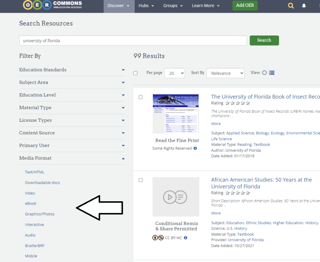 OER titles from the University of Florida with an arrow to the left pointing out multiple file formats available: text/html, downloadable docs, video, eBook, graphics/photos, interactive, audio, Braille/BRF, and Mobile.
