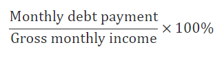 Debt to income ratio math formula: Divide your monthly debt payment by your gross monthly income, and then multiply by 100%