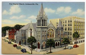 Postcard of First Baptist Church, corner of Hogan and Church, circa 1930-1950