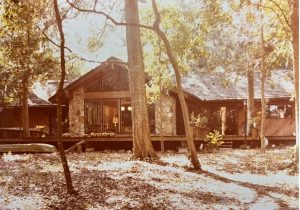 Photo of a charming wood and stone house on a wooded lot.