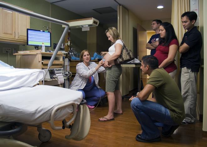 Expectant parents in a childbirth preparation class.